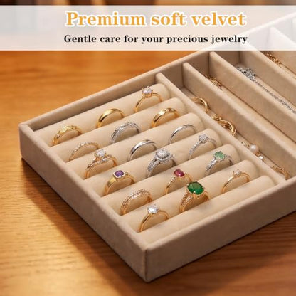 Stackable Velvet Tray Jewelrys Storage Organizers Jewelry Box Insert Organizer for Drawer Jewelry Drawer Organizer Inserts Ring Earring Stud Necklace Holder Display Storage Case (Beige, 8.3 x 4.9in)