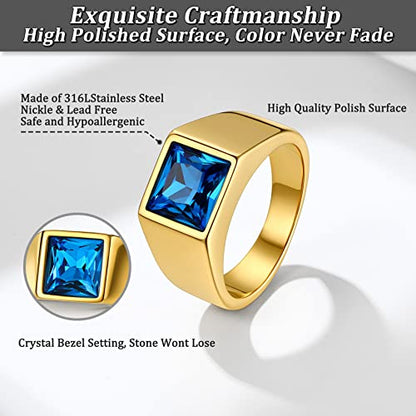 Bestyle Stainless Steel Men Signet Ring-Black/Blue Gemstone Band Ring-Classic Simple Thick Men Ring Size 7-14 - color: 01. 8MM Blue Zircon - Gold