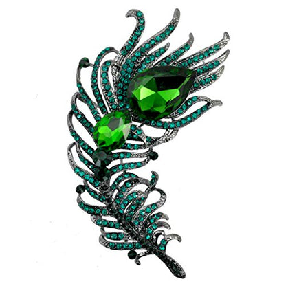 SELOVO 4.2in Big Large Statement Scarf Hats Decoration Green Feather Pin Brooch Black Tone