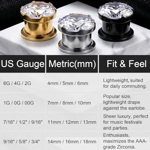 ZS 316L Stainless Steel Screw-Fit Ear Tunnel AAA+ Cubic Zirconia Ear Gauges | External Threaded Flesh Tunnels Plugs Ear Expander Stretcher Piercing Jewelry for Women Men - color: Silver, size: 1/2"(12mm)
