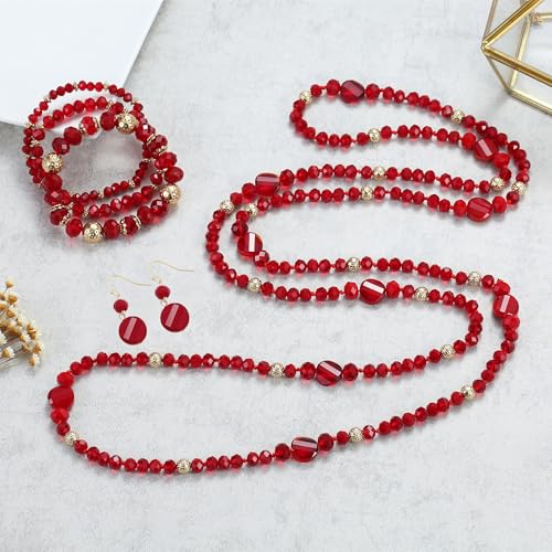 Trendy Infinity Wrap 60’’ Long Statement Necklace, Earrings and Bracelet Set - Hand Knotted Versatile Crystal and Shell Beads Strand Necklace and Chunky Beaded Stretch Bracelet Stack – Jewelry Set Gift for Women - color: Red/Round Earrings