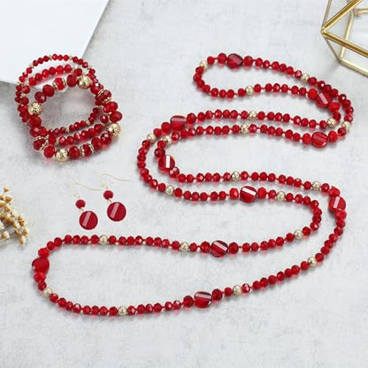 Trendy Infinity Wrap 60’’ Long Statement Necklace, Earrings and Bracelet Set - Hand Knotted Versatile Crystal and Shell Beads Strand Necklace and Chunky Beaded Stretch Bracelet Stack – Jewelry Set Gift for Women - color: Red/Round Earrings