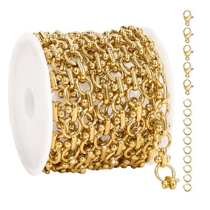 UMAOKANG 2 Meters Gold Plated Stainless Steel Chains for Jewelry Making Circle Link Chain on Spool with Jump Rings and Lobster Clasps - color: Circle Gold