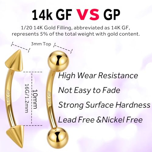 2 Pcs 14k Gold Filled Eyebrow Rings, 16G Threaded Rook Piercing Jewelry, Surgical Steel Vertical Lip Labret Belly Tongue Ring Daith Earring Curved Barbells - color: 10mm-2pcs Cone Top