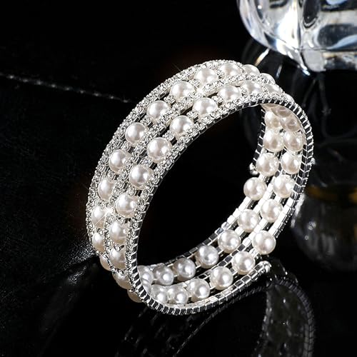 Pearl Stretch Cuff Bracelet for Women Adjustable Multilaye Rhinestone Crystal Bracelet Wedding Party Brides Bridesmaid Jewelry - color: A style