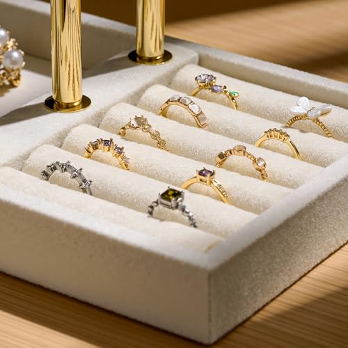 Bracelet Holder Jewelry Organizer Display - 3 Tier T Bar Velvet Stand, Beige Jewelry Storage for Bracelet, Necklaces, Earrings, Rings, Watches - color: Beige