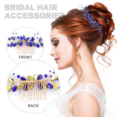 Dizila 7 Pieces Royal Blue Party Prom Wedding Bridal Crystal Rhinestone Vine Leaf Hair Side Combs + Rhinestone U-shaped Hair Pins Headpieces for Brides Bridesmaids Women Girls - color: Royal Blue