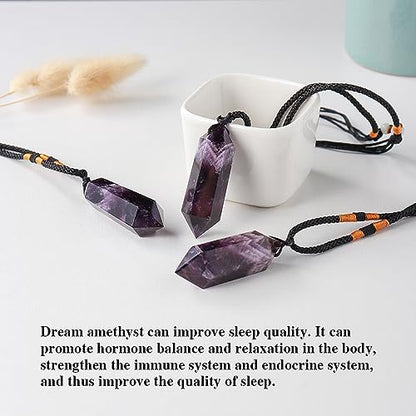 Runyangshi Dream Amethyst Healing Crystal Pendants, Double Pointed Natural Crystal Quartz Necklace 6 Faceted Chakra Crystal Wand Stone - color: Dream Amethyst