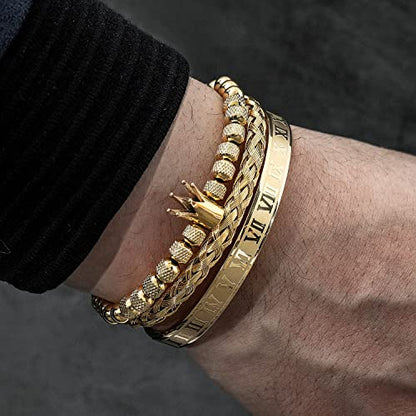 WFYOU 3PCS Stainless Steel Imperial Crown Bracelets for Men Gold Roman Numeral Bangle Bracelet Adjustable Cuff Bracelet Mens Luxury Jewelry Gifts - style: 10:Gold- Crown