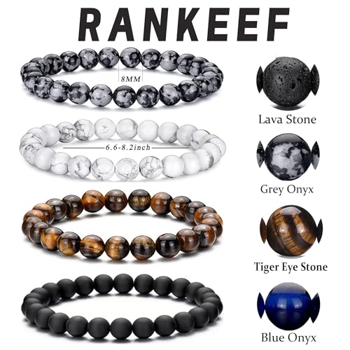 Mens Beaded Bracelets Set 8MM Tiger Eye Lava Stone Stretch Natural Stone Men's Bead Bracelet Mens Bracelet - color: 4,black,white