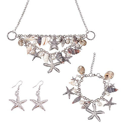 PH PandaHall Mermaid Jewelry Accessories for Women, Starfish Necklace Bracelet Boho Seashell Jewelries Ocean Beach Bib Statement Necklace Earrings for Summer Cosplay Holiday (Platinum) - color: bracelet & necklace & earrings + Gift Box