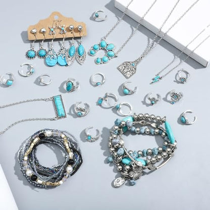 NEWITIN 20 Pieces Silver Bohemian Jewelry Set for Women Fashion Costume Jewels Turquoise Necklace Bracelet Ring Earrings Western Turquoise Jewelry Set for Women - color: Turquoise Jewelry Set D