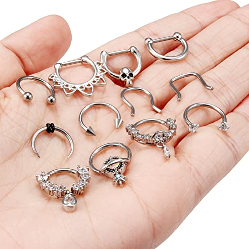 Vsnnsns 16G Septum Rings Piercing Jewelry 316L Stainless Surgical Steel Skull Flower Dangle Clicker Horseshoe Septum Nose Rings Hoop Piercing Jewelry for Women Men Silver Black Rose Gold 10mm - color: Silver Tone
