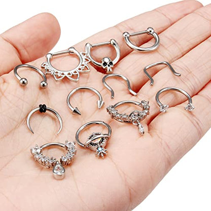 Vsnnsns 16G Septum Rings Piercing Jewelry 316L Stainless Surgical Steel Skull Flower Dangle Clicker Horseshoe Septum Nose Rings Hoop Piercing Jewelry for Women Men Silver Black Rose Gold 10mm - color: Silver Tone
