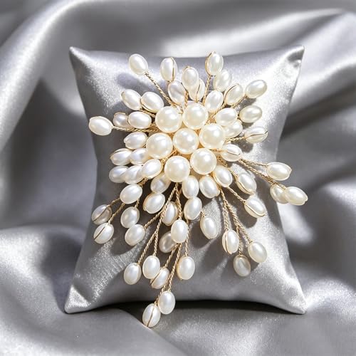 Dainty Large White Oval Pearl Flower Blooming Brooch Pin for Women, Statement Pearls Floral Brooches Pins Party Wedding Jewelry Gift Dress Accessories