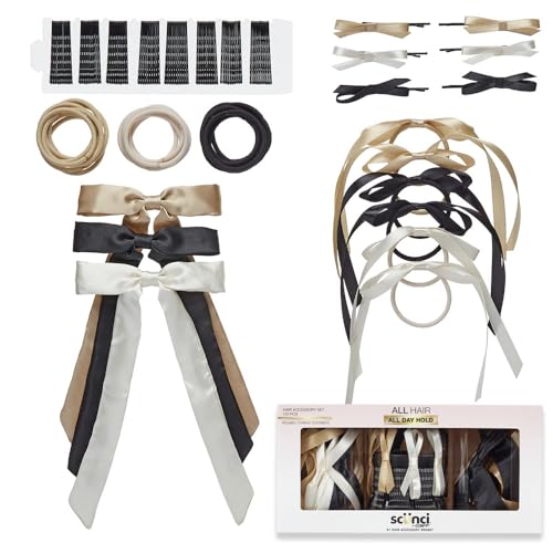 Scunci by Conair 125 Piece Hair Accessories Set - hair accessories for women - hair bow - bows - hair clip - hair elastics - bobby pins - Neutral colors with storage - color: Neutral, size: 1 Count (Pack of 125)