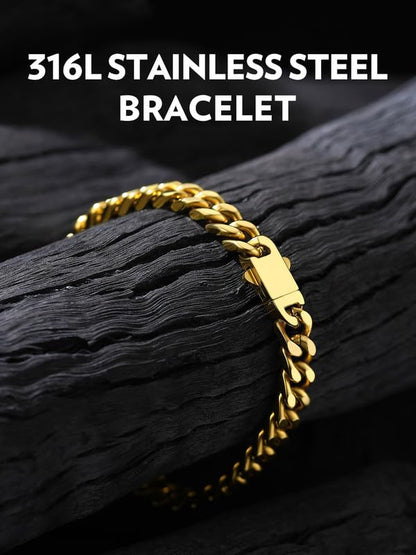 Bandmax Mens Hip Hop Cuban Link Bracelets 5/7/9/12MM Stainless Steel Miami Curb Chain Bracelet Silver/Gold Plated/Black Wristlet Chains for Men 7"-9" - color: 06 7MM-Gold