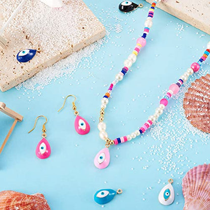 Cheriswelry 42pcs Teardrop with Evil Eye Pendants Charms Light Gold Alloy Enamel Drop Pendants Metal Dangle Charms Hang Ornament 21.5x12mm for DIY Earring Necklace Craft Jewelry Making - color: 7 Color-Teardrop with Evil Eye