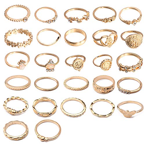HUJUON 27-34PCS Knuckle Rings Set for Women Stackable Finger Ring Sets Vintage Joint Midi Rings Gold/Silver Star Moon Stacking Rings for Women - style: 27PCS