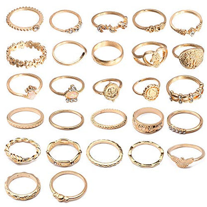 HUJUON 27-34PCS Knuckle Rings Set for Women Stackable Finger Ring Sets Vintage Joint Midi Rings Gold/Silver Star Moon Stacking Rings for Women - style: 27PCS