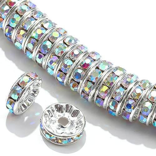 100Pcs Rondelle Spacer Beads Round Crystal Charms Czech Rhinestone Silver Plated Spacer Loose Beads for DIY Bracelet Necklace Jewelry Making Supplies (6MM, AB Crystal) - color: AB Crystal, size: 6MM