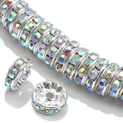 100Pcs Rondelle Spacer Beads Round Crystal Charms Czech Rhinestone Silver Plated Spacer Loose Beads for DIY Bracelet Necklace Jewelry Making Supplies (6MM, AB Crystal) - color: AB Crystal, size: 6MM