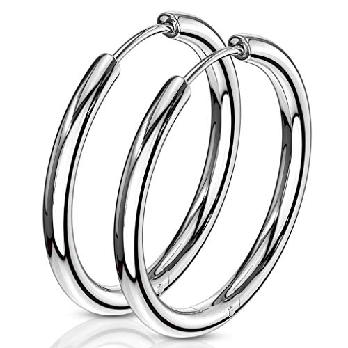 316L Stainless Steel 2.5mm Thick Round Hinged Hoop Earrings, Sold as a Pair - color: Silver Tone, size: 20mm Diameter