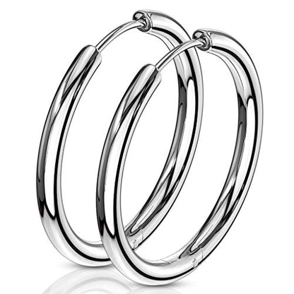 316L Stainless Steel 2.5mm Thick Round Hinged Hoop Earrings, Sold as a Pair - color: Silver Tone, size: 20mm Diameter