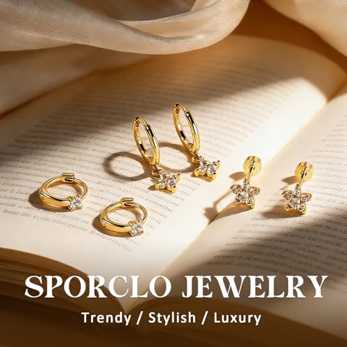 14K Gold Hoop Dangle Stud Earrings Surgical Steel Helix Piercing | Hypoallergenic,Cubic Zirconia,3 Pairs Huggie Hoop Set for Women,Dangle Stud,Cartilage Tragus Conch Earring,Jewelry Gift - color: A2-Gold Clover CZ