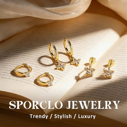 14K Gold Hoop Dangle Stud Earrings Surgical Steel Helix Piercing | Hypoallergenic,Cubic Zirconia,3 Pairs Huggie Hoop Set for Women,Dangle Stud,Cartilage Tragus Conch Earring,Jewelry Gift - color: A2-Gold Clover CZ