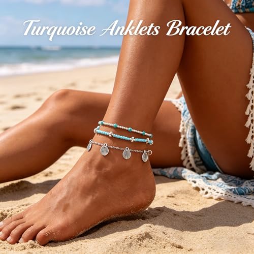Gold Anklets Bracelets for Women Waterproof Layered Beaded Anklet Bracelets Set Boho Pearl Starfish Shell Anklet Bracelet Stacked Turquoise Anklets Bracelet Summer Beach Foot Jewelry Gift for Women - style: Turquoise
