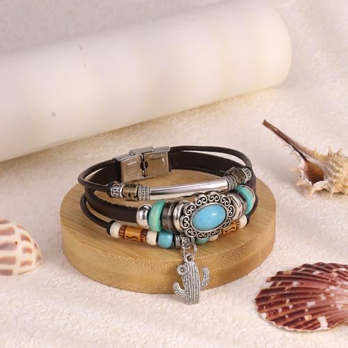 INENIMARTJ Western Turquoise Leather Wrap Bracelets for Men Women Boho Multilayer Turquoise Cuff Wrap Bracelet Western Bracelet Jewelry for Men and Woman - color: 19coffee