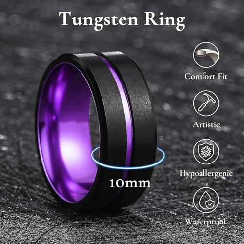 King Will Mens Tungsten Rings for Men Two Tone Grooved Mens Wedding Band Cool - color: Purple 10mm