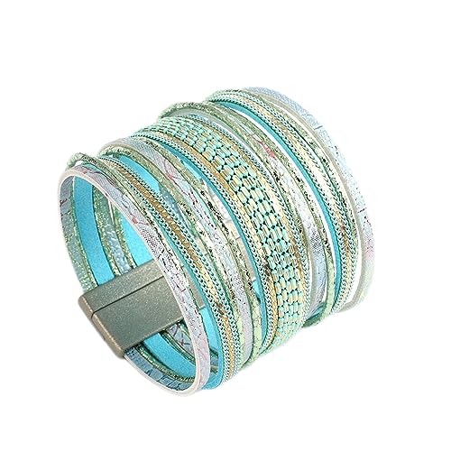 NOVSKI New Genuine Real Leather Wrap Bracelets Multi Strand Cord Metallic Chain Layered Wide Cuff Bracelet Gift Jewelry - color: Green