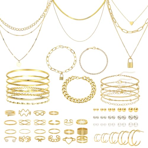 Gold/Silver Jewelry Set for Women Layered Bracelets Ball Dangle Hoop Earrings Stackable Knuckle Rings Set Dainty Adjustable Necklaces Valentine Anniversary Trendy Party Costume Accessories Jewelry - style: Vintage
