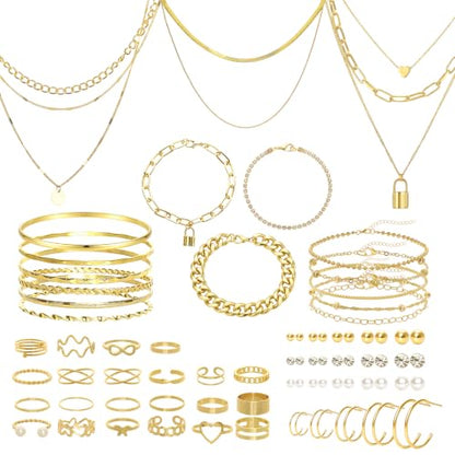 Gold/Silver Jewelry Set for Women Layered Bracelets Ball Dangle Hoop Earrings Stackable Knuckle Rings Set Dainty Adjustable Necklaces Valentine Anniversary Trendy Party Costume Accessories Jewelry - style: Vintage
