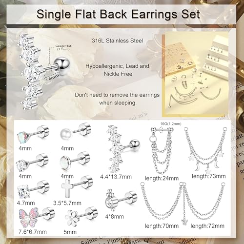 Besteel 27Pcs Flat Back Earrings Hypoallergenic Surgical Steel Stud Earring Stacks Set Dainty Chain Dangle Cartilage Tragus Daith Helix Piercing Jewelry for Women Men Trendy 16G - color: Silver