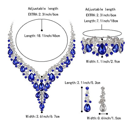 Wedding Bridal Necklace Earrings Jewelry Set for Women | Gorgeous Austrian Crystal Teardrop Flower Cluster for Bridal Bride Bridesmaid - color: 3Pcs-Blue Silver-Tone