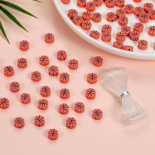 100Pcs Sports Ball Beads Basketball Polymer Clay Beads DIY Crafts Spacer Loose Beads for Key Chains Jewelry Making Earring Bracelet Necklace (Basketball) - color: Basketball