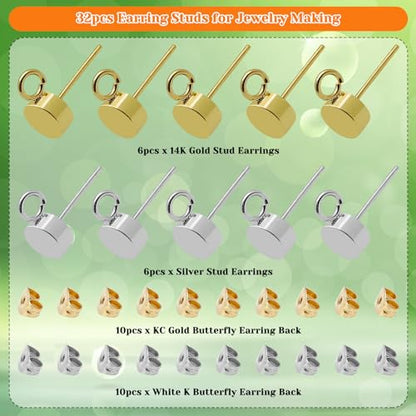 32pcs Earring Studs for Jewelry Making,Gold Plated Stud Earrings Stainless Steel Earring Posts with Loop Hypoallergenic Earrings with Ear Nuts for DIY Making(14K Gold,Silver) - color: 32pcs;14K Gold,Silver