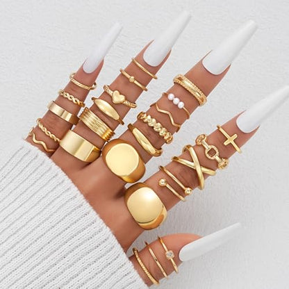 YEEZII 25 Pcs Gold Knuckle Rings Set for Women, Cute Stackable Finger Midi Rings, Dainty Gold Chunky Stacking Statement Womens ring pack - color: Gold-B-25 Pcs