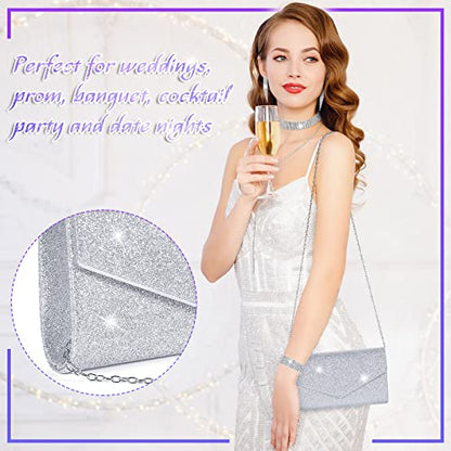 4 Pcs Silver Clutch Purse Jewelry Set for Women Rave Accessories Evening Rhinestone Purse Silver for Bride Wedding - style: Glitter Style