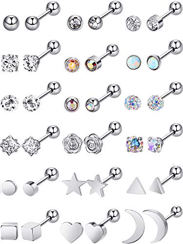 18 Pairs Stainless Steel Stud Earrings Solid Rhinestone Earring Cartilage Earrings Helix Ear Piercing Jewelry for Women Men (Steel Color, 18 G/ 1 mm with 4 mm Screw Ball)