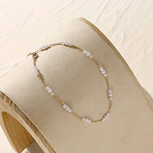 Dainty Simple Chain Anklet for Women 18k Gold/Silver Plated Summer Beach Beaded Evil Eye Moon Figaro Butterfly Satellite Cuban Pearl Flat Marina Anklet Gift - color: Pearl