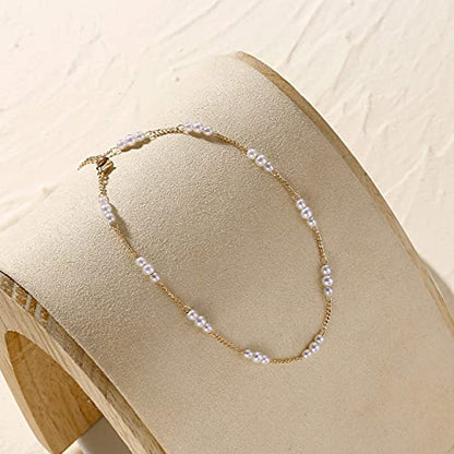 Dainty Simple Chain Anklet for Women 18k Gold/Silver Plated Summer Beach Beaded Evil Eye Moon Figaro Butterfly Satellite Cuban Pearl Flat Marina Anklet Gift - color: Pearl