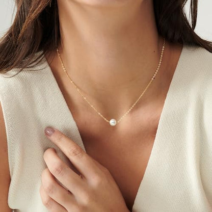 Pearl Necklace for Women- 14K Gold-plated/White Gold-plated Dainty Pearl Necklace for Women - color: Gold single pearl