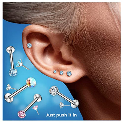 16G-20G G23 Implant Grade Titanium Threadless Push in Prong Set CZ Crystal Top Flat Back Labret Monroe Lip Nose Cartilage Helix Tragus Conch Ear Lobe Barbell Stud - style: 20G; Length: 5/16"(8mm); CZ:2mm