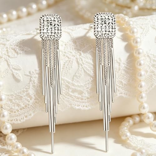Rhinestone Tassel Earrings for Women, Elegant Long Silver Dangle Earrings for Wedding Party Formal Event Fashion Jewelry