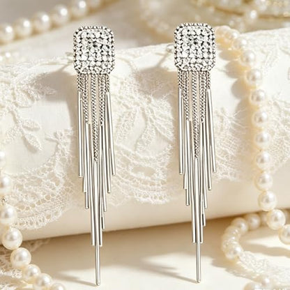 Rhinestone Tassel Earrings for Women, Elegant Long Silver Dangle Earrings for Wedding Party Formal Event Fashion Jewelry