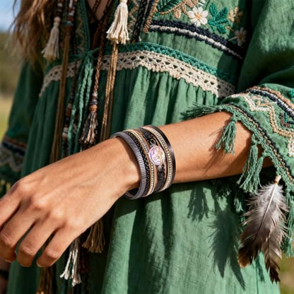Wrapped Bracelets for Women,Leather Boho Bracelets for Women - color: Shell-Black